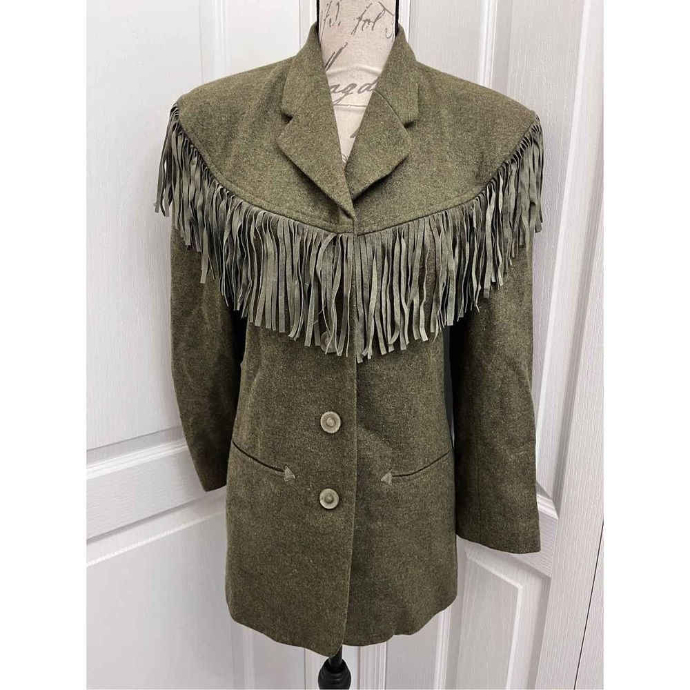 Max studio olive drab wool women suit blazer jacket fringe size 6